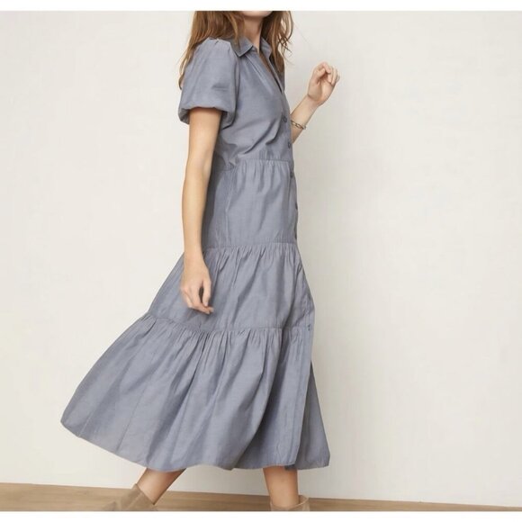 Brochu Walker The Havana Puff Sleeve Tiered Midi Dress In Washed Slate Sz M - Picture 2 of 11